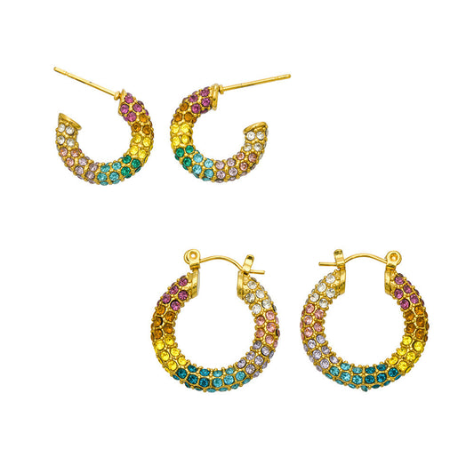 316L Stainless Steel 18K Gold PVD Colorful Zircon Rainbow Contrast Hoop Earrings - Colorful Zircon, Rainbow Contrast, Hoop Earrings, Gold PVD, Niche Design Wholesale Stainless Steel Jewelry - Sensitive Skin Friendly - Detail 9