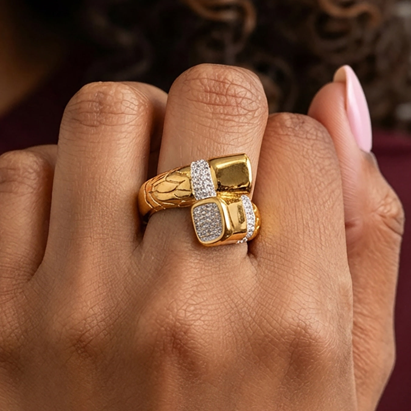316L Stainless Steel 18K Gold PVD Cross Geometric Zircon Ring - Gold Zircon Cross Geometric Ring Minimalist Wholesale Stainless Steel Jewelry - Sensitive Skin Friendly - Detail 1