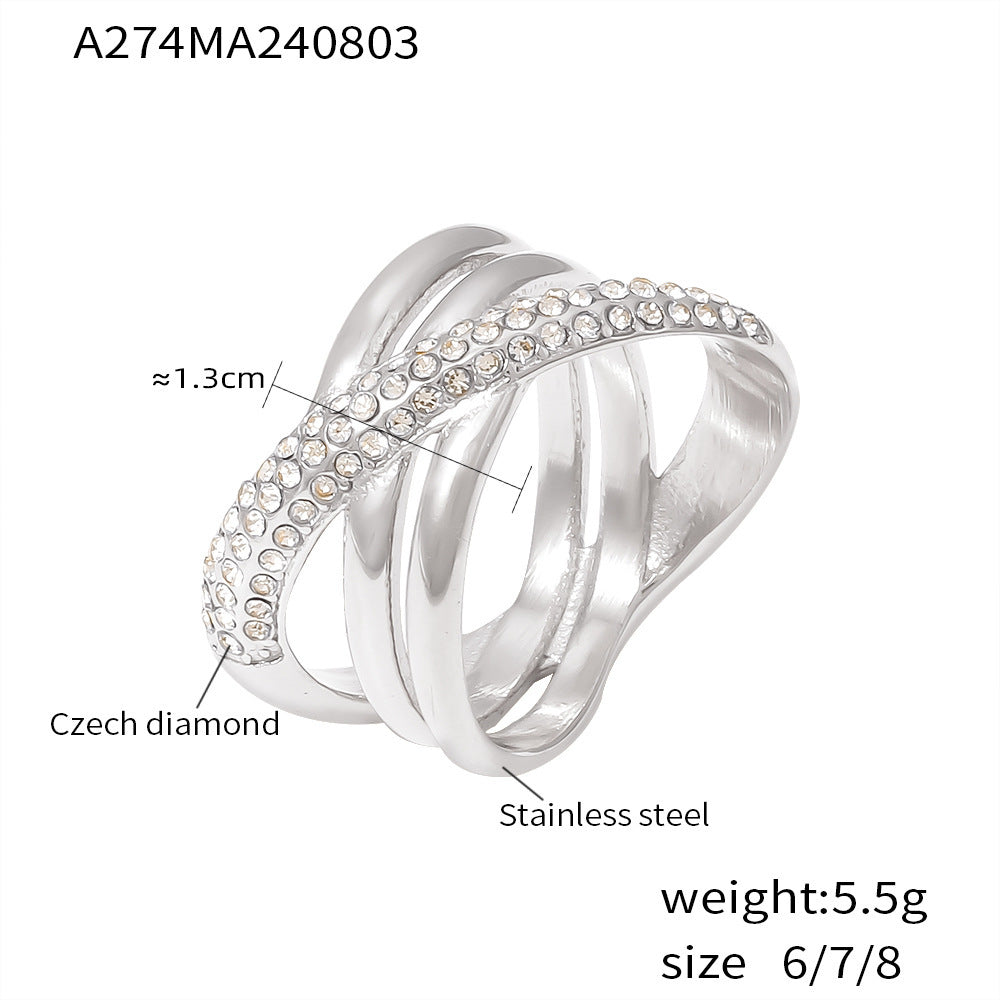 316L Stainless Steel 18K Gold PVD Cross-Wrapped Rhinestone Ring - Cross-Wrapped Rhinestone Ring Vintage Chic Band Wholesale Stainless Steel Jewelry - Sensitive Skin Friendly - Detail 2