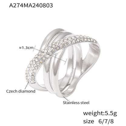 316L Stainless Steel 18K Gold PVD Cross-Wrapped Rhinestone Ring - Cross-Wrapped Rhinestone Ring Vintage Chic Band Wholesale Stainless Steel Jewelry - Sensitive Skin Friendly - Detail 2