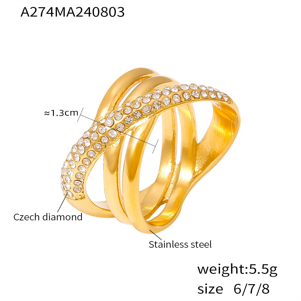 316L Stainless Steel 18K Gold PVD Cross-Wrapped Rhinestone Ring - Cross-Wrapped Rhinestone Ring Vintage Chic Band Wholesale Stainless Steel Jewelry - Sensitive Skin Friendly - Detail 5