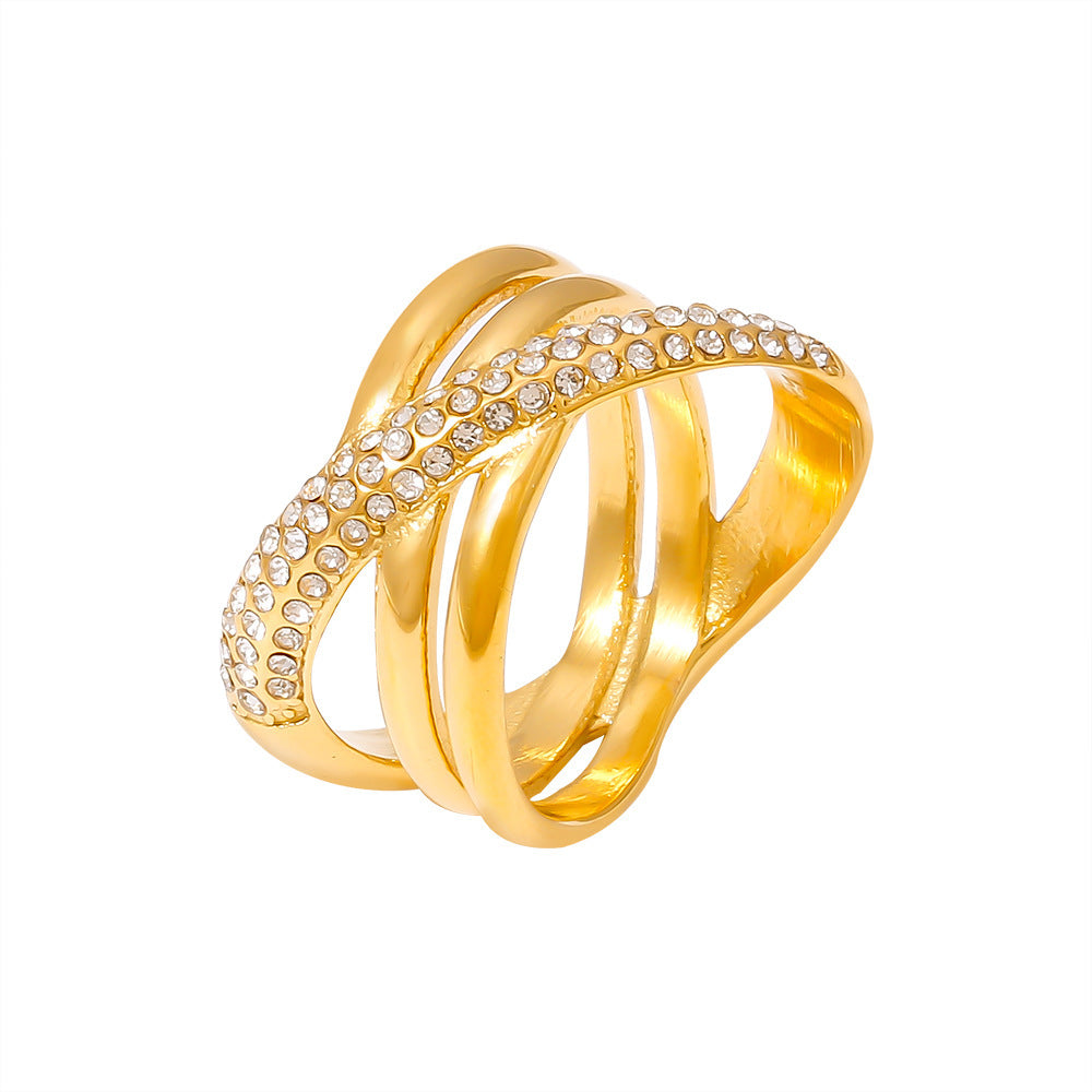 316L Stainless Steel 18K Gold PVD Cross-Wrapped Rhinestone Ring - Cross-Wrapped Rhinestone Ring Vintage Chic Band Wholesale Stainless Steel Jewelry - Sensitive Skin Friendly - Detail 6
