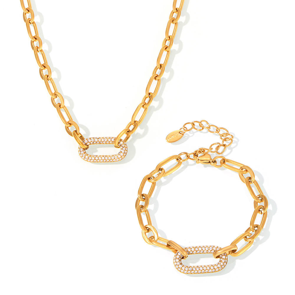316L Stainless Steel 18K Gold PVD Cuban Chain Zircon Bracelet Necklace Set - Cuban Chain Green Zircon Hip Hop Wholesale Stainless Steel Jewelry - Sensitive Skin Friendly - Detail 1