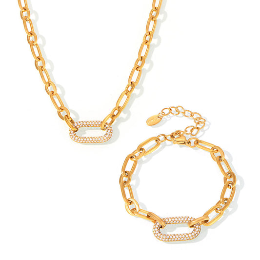 316L Stainless Steel 18K Gold PVD Cuban Chain Zircon Bracelet Necklace Set - Cuban Chain Green Zircon Hip Hop Wholesale Stainless Steel Jewelry - Sensitive Skin Friendly - Detail 1