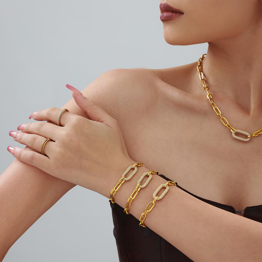 316L Stainless Steel 18K Gold PVD Cuban Chain Zircon Bracelet Necklace Set - Cuban Chain Green Zircon Hip Hop Wholesale Stainless Steel Jewelry - Sensitive Skin Friendly - Detail 11