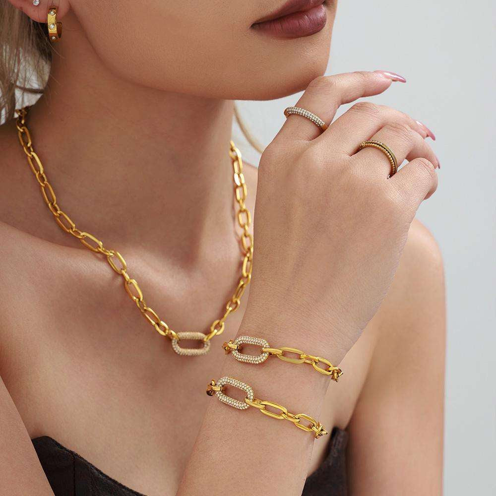316L Stainless Steel 18K Gold PVD Cuban Chain Zircon Bracelet Necklace Set - Cuban Chain Green Zircon Hip Hop Wholesale Stainless Steel Jewelry - Sensitive Skin Friendly - Detail 12