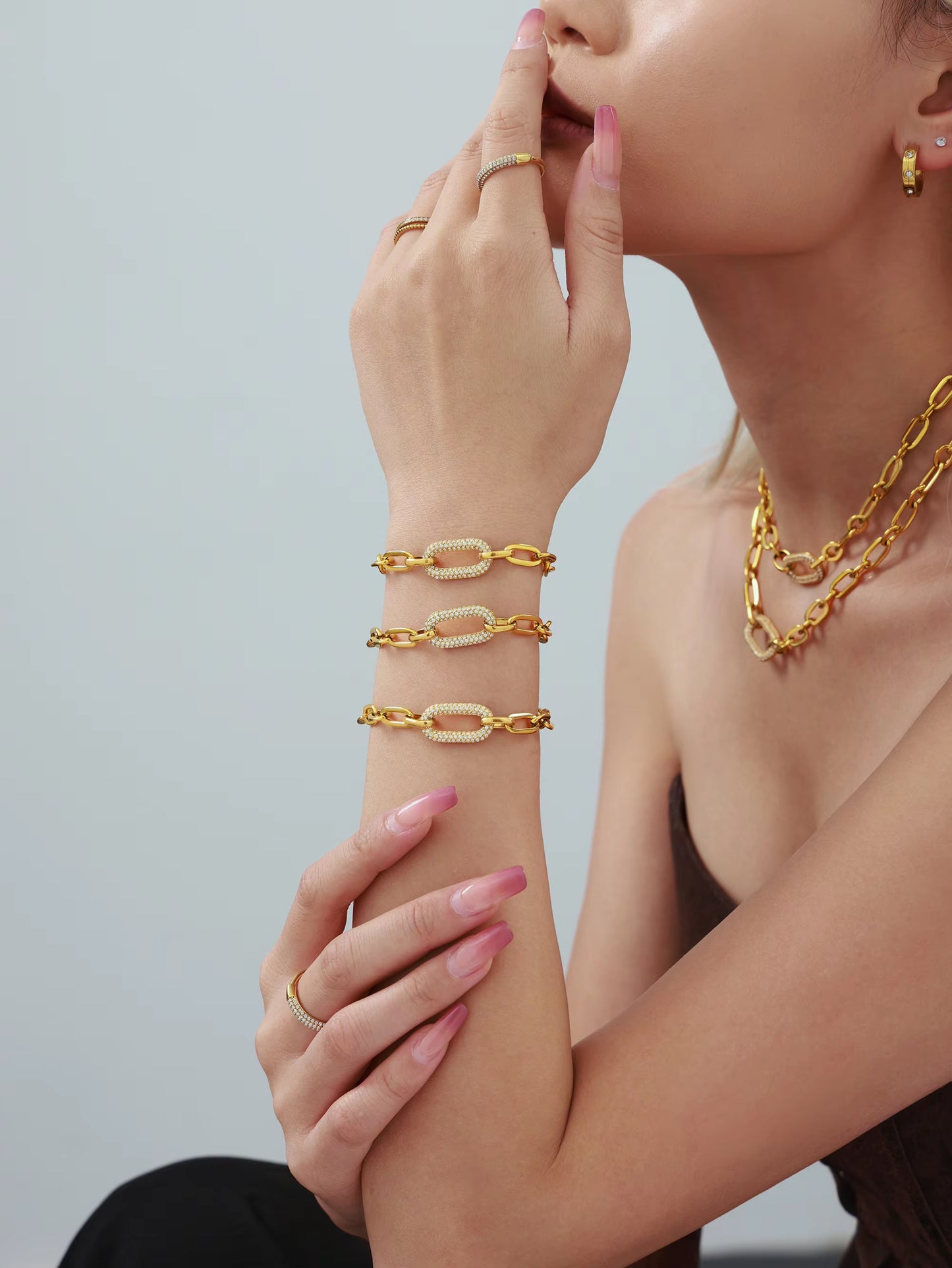 316L Stainless Steel 18K Gold PVD Cuban Chain Zircon Bracelet Necklace Set - Cuban Chain Green Zircon Hip Hop Wholesale Stainless Steel Jewelry - Sensitive Skin Friendly - Detail 7