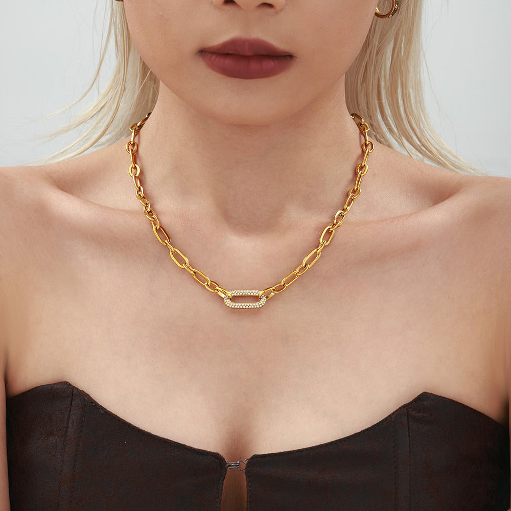 316L Stainless Steel 18K Gold PVD Cuban Chain Zircon Bracelet Necklace Set - Cuban Chain Green Zircon Hip Hop Wholesale Stainless Steel Jewelry - Sensitive Skin Friendly - Detail 9