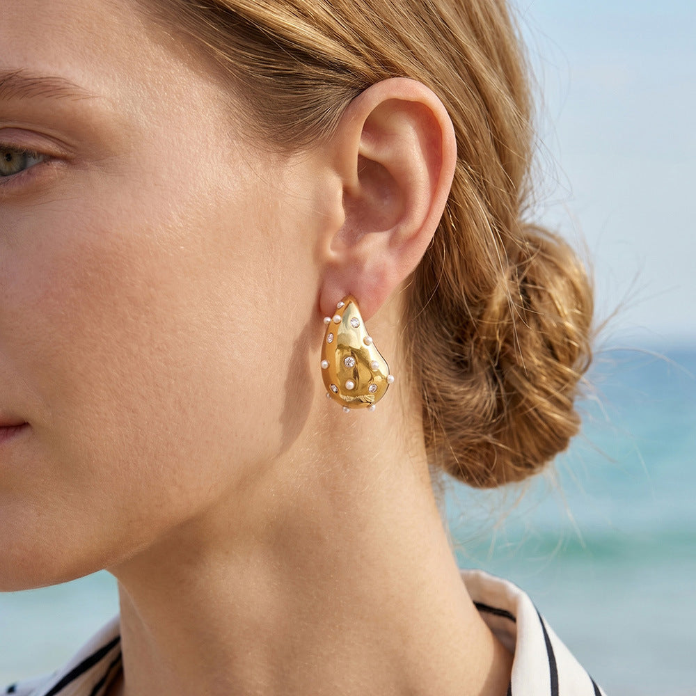 316L Stainless Steel 18K Gold PVD Czech Diamond Inlaid Pearl Earrings - Elegant Inlaid Earrings, Czech Diamond Pearl Earrings Wholesale Stainless Steel Jewelry - Sensitive Skin Friendly - Detail 1