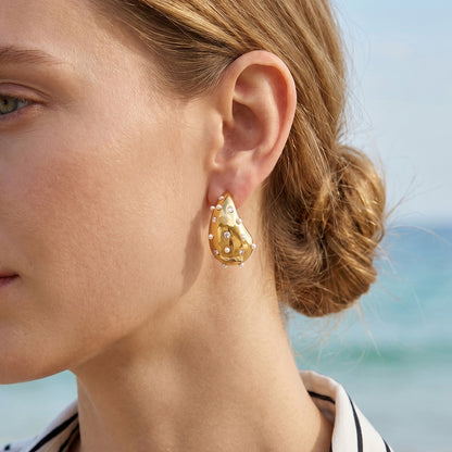 316L Stainless Steel 18K Gold PVD Czech Diamond Inlaid Pearl Earrings - Elegant Inlaid Earrings, Czech Diamond Pearl Earrings Wholesale Stainless Steel Jewelry - Sensitive Skin Friendly - Detail 1