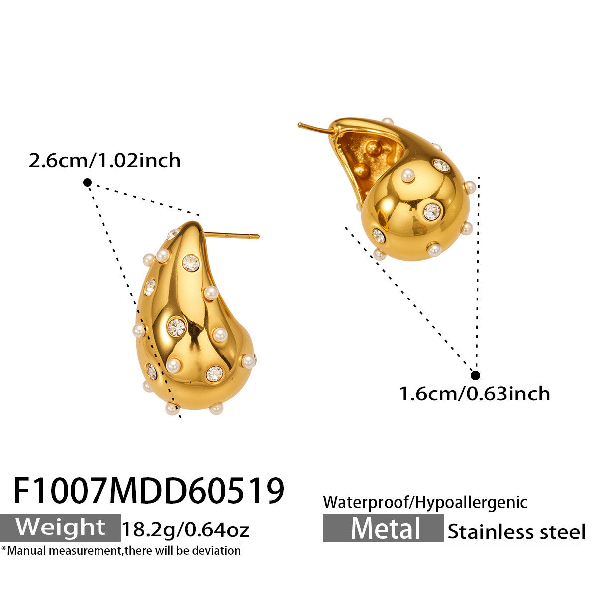 316L Stainless Steel 18K Gold PVD Czech Diamond Inlaid Pearl Earrings - Elegant Inlaid Earrings, Czech Diamond Pearl Earrings Wholesale Stainless Steel Jewelry - Sensitive Skin Friendly - Detail 16