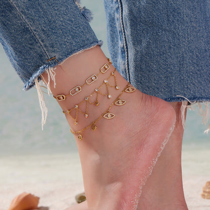 316L Stainless Steel 18K Gold PVD Dainty Starburst Charm Chain Anklet - Dainty, Starburst, Zircon, Turquoise, Minimalist, Gold, Chain Wholesale Stainless Steel Jewelry - Sensitive Skin Friendly - Detail 1