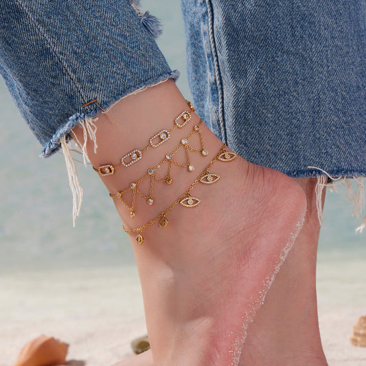 316L Stainless Steel 18K Gold PVD Dainty Starburst Charm Chain Anklet - Dainty, Starburst, Zircon, Turquoise, Minimalist, Gold, Chain Wholesale Stainless Steel Jewelry - Sensitive Skin Friendly - Detail 1