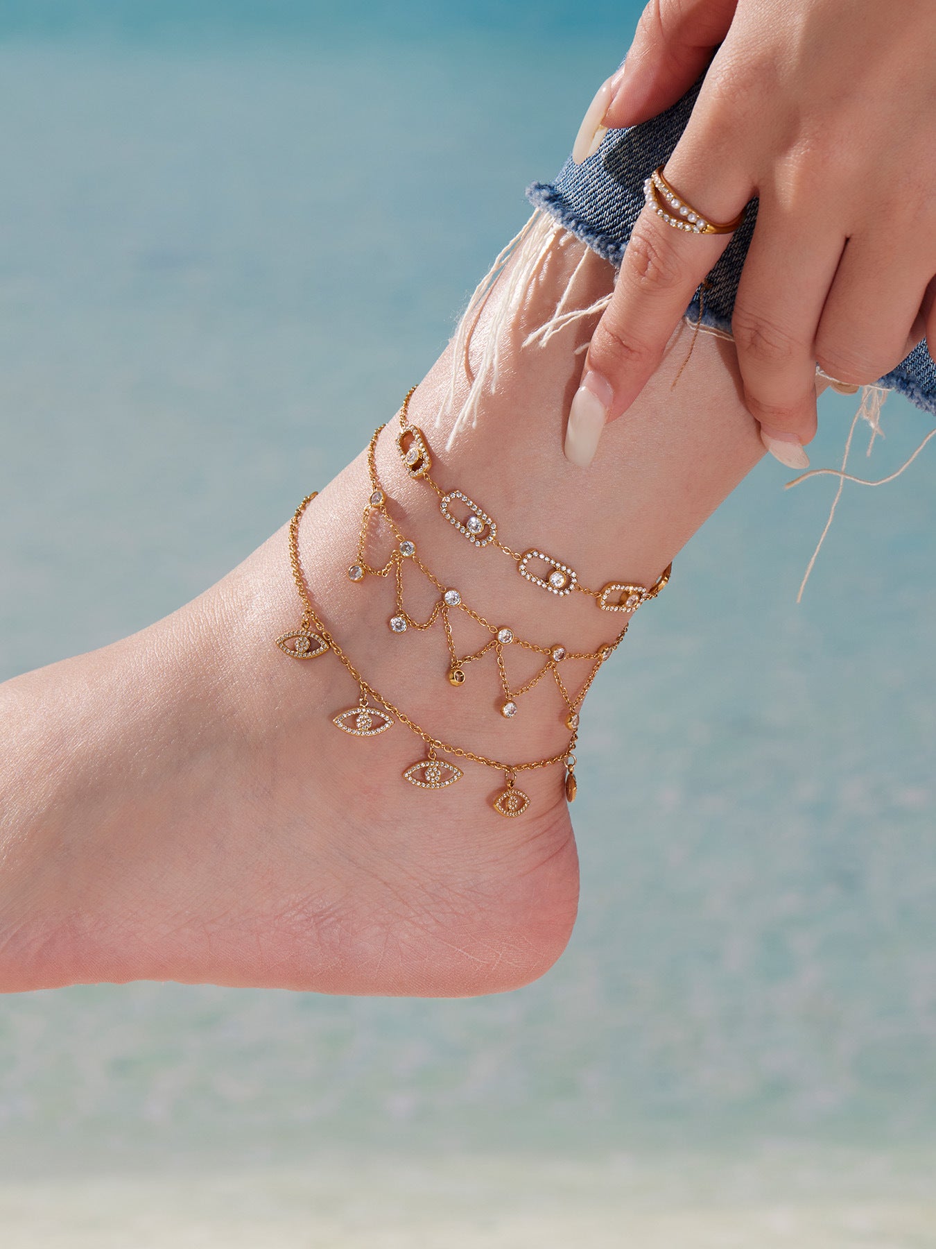 316L Stainless Steel 18K Gold PVD Dainty Starburst Charm Chain Anklet - Dainty, Starburst, Zircon, Turquoise, Minimalist, Gold, Chain Wholesale Stainless Steel Jewelry - Sensitive Skin Friendly - Detail 10