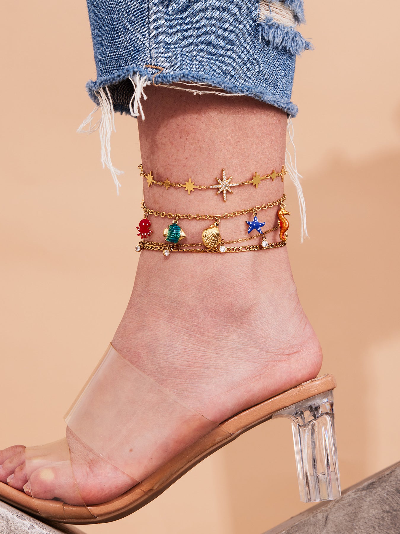 316L Stainless Steel 18K Gold PVD Dainty Starburst Charm Chain Anklet - Dainty, Starburst, Zircon, Turquoise, Minimalist, Gold, Chain Wholesale Stainless Steel Jewelry - Sensitive Skin Friendly - Detail 12