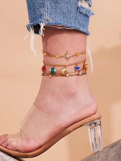 316L Stainless Steel 18K Gold PVD Dainty Starburst Charm Chain Anklet - Dainty, Starburst, Zircon, Turquoise, Minimalist, Gold, Chain Wholesale Stainless Steel Jewelry - Sensitive Skin Friendly - Detail 12