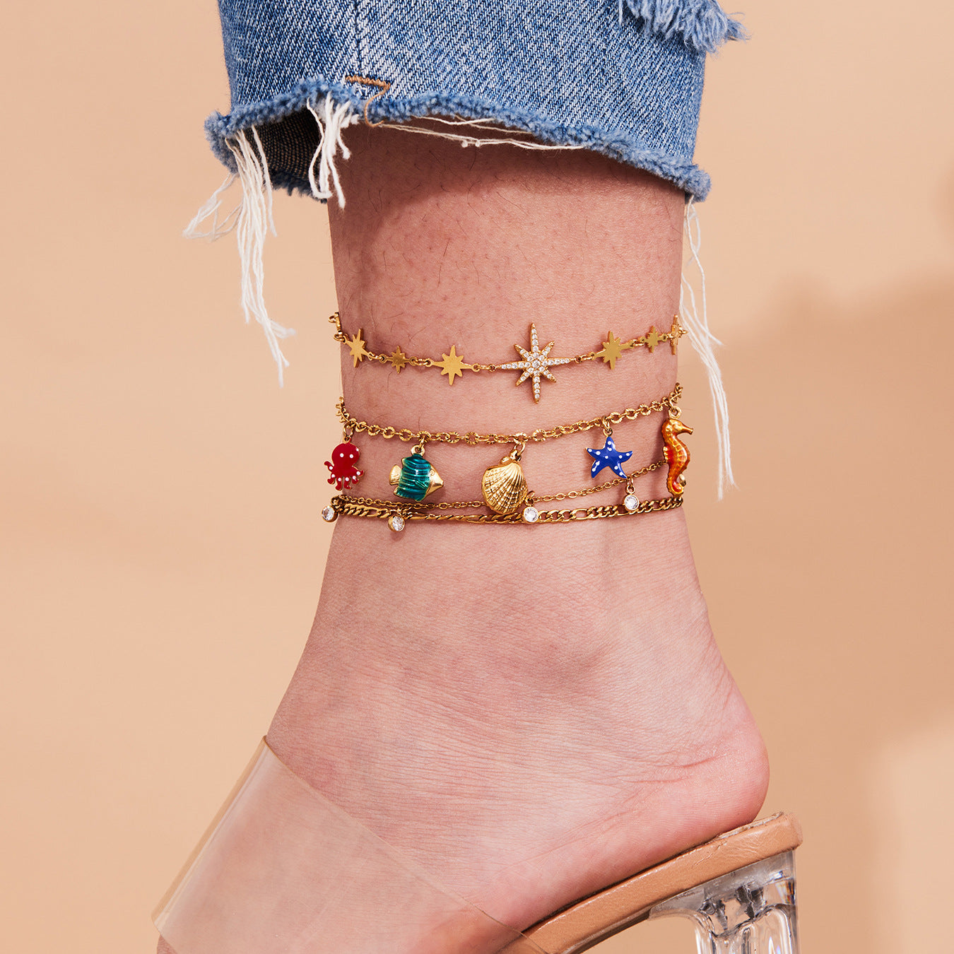 316L Stainless Steel 18K Gold PVD Dainty Starburst Charm Chain Anklet - Dainty, Starburst, Zircon, Turquoise, Minimalist, Gold, Chain Wholesale Stainless Steel Jewelry - Sensitive Skin Friendly - Detail 3