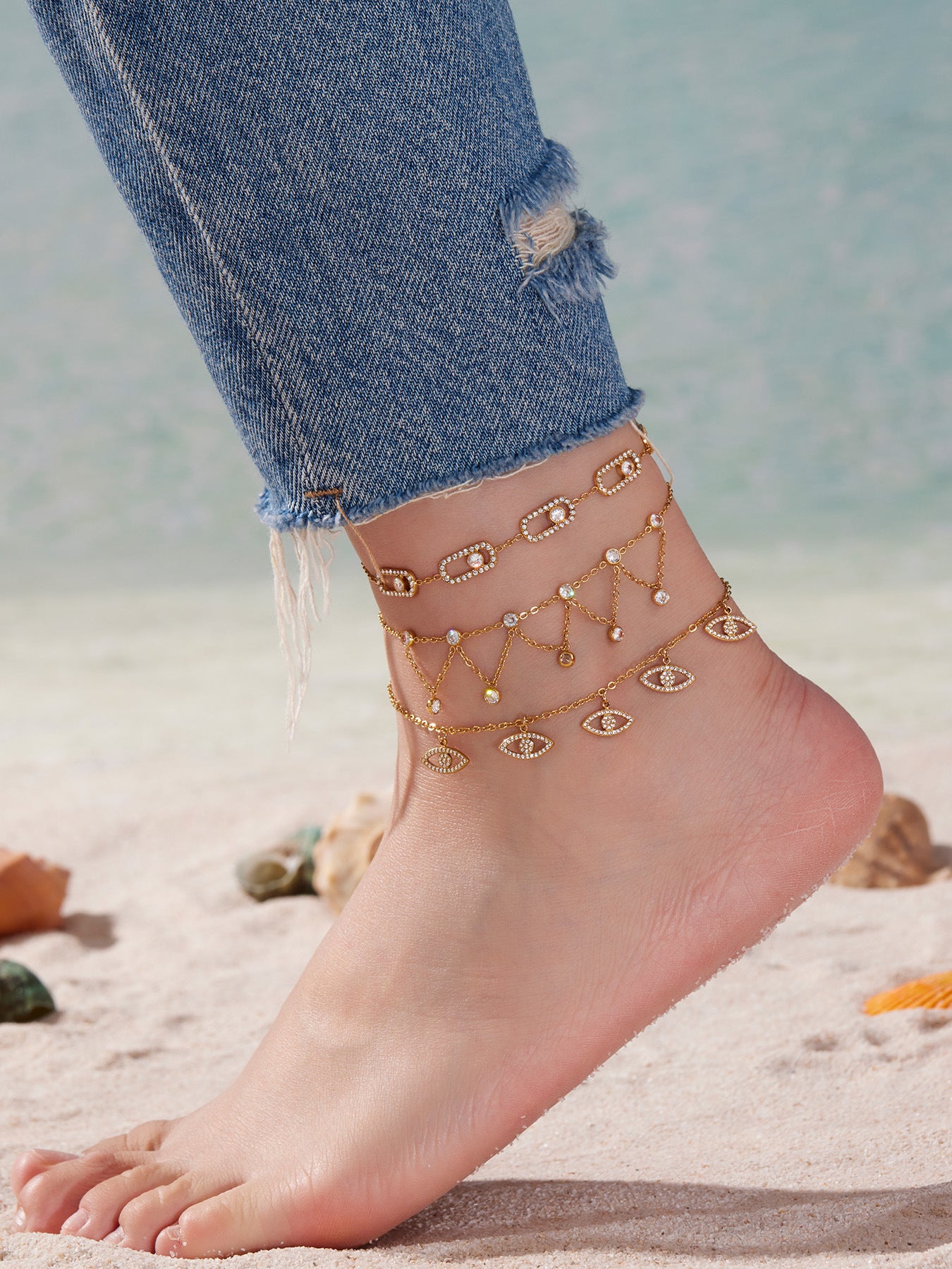 316L Stainless Steel 18K Gold PVD Dainty Starburst Charm Chain Anklet - Dainty, Starburst, Zircon, Turquoise, Minimalist, Gold, Chain Wholesale Stainless Steel Jewelry - Sensitive Skin Friendly - Detail 8