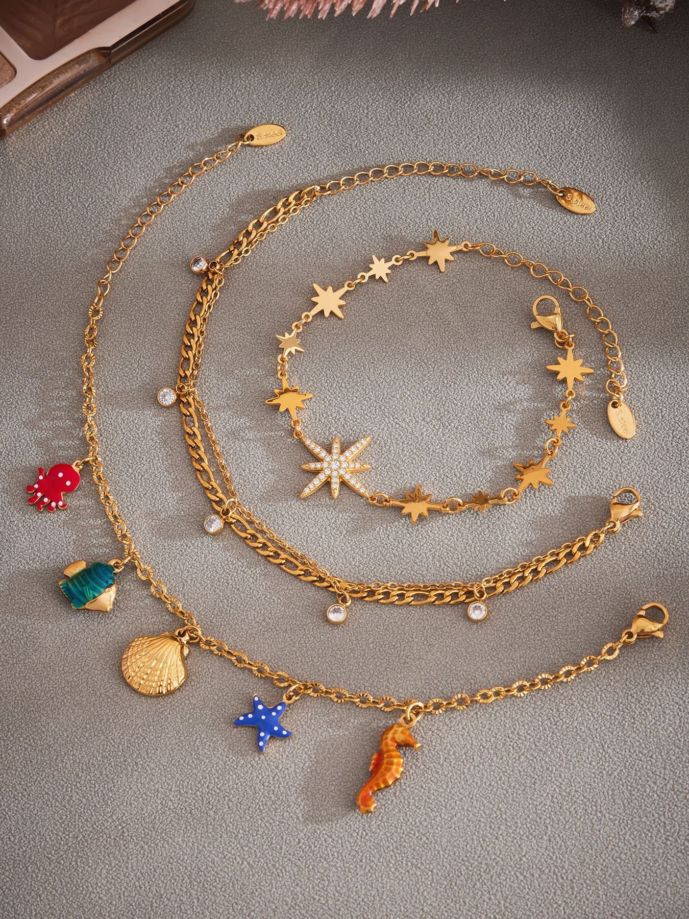 316L Stainless Steel 18K Gold PVD Dainty Starburst Charm Chain Anklet - Dainty, Starburst, Zircon, Turquoise, Minimalist, Gold, Chain Wholesale Stainless Steel Jewelry - Sensitive Skin Friendly - Detail 9