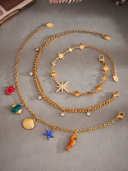 316L Stainless Steel 18K Gold PVD Dainty Starburst Charm Chain Anklet - Dainty, Starburst, Zircon, Turquoise, Minimalist, Gold, Chain Wholesale Stainless Steel Jewelry - Sensitive Skin Friendly - Detail 9