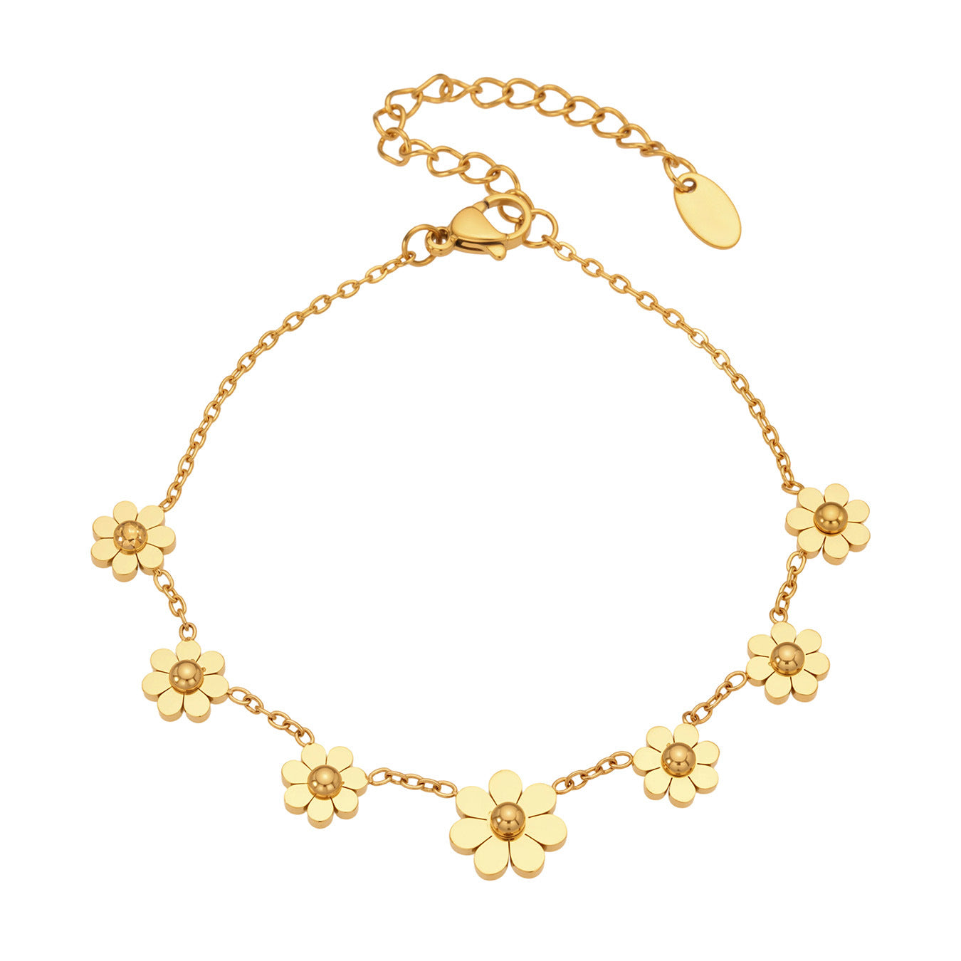 316L stainless steel daisy bracelet with 18K PVD gold, waterproof wholesale floral jewelry for boutiques