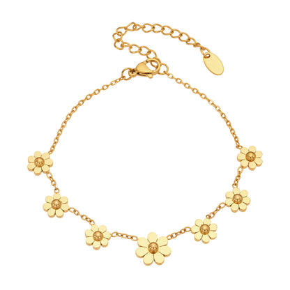 316L stainless steel daisy bracelet with 18K PVD gold, waterproof wholesale floral jewelry for boutiques