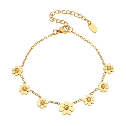 316L stainless steel daisy bracelet with 18K PVD gold, waterproof wholesale floral jewelry for boutiques
