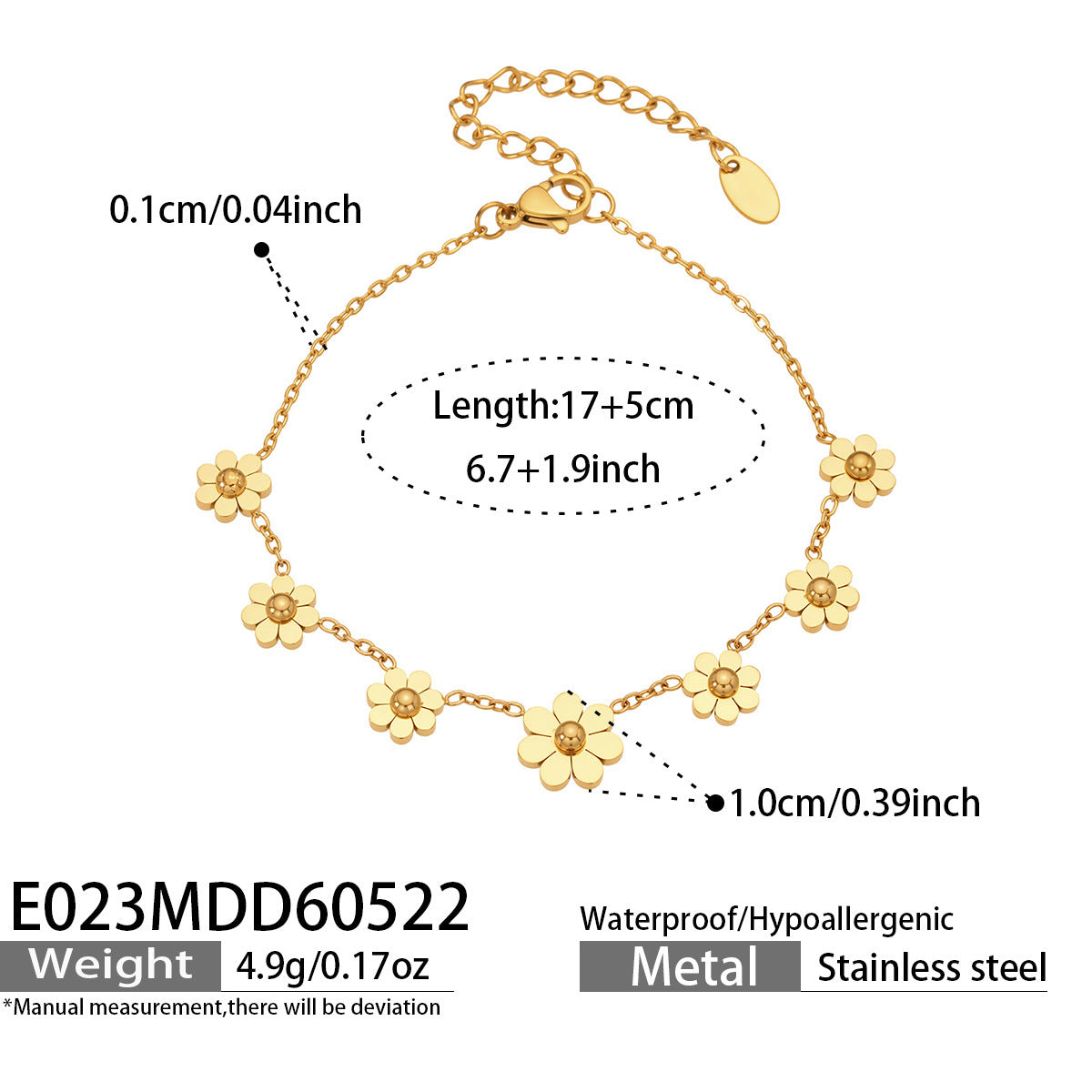 316L Stainless Steel 18K Gold PVD Daisy Bracelet - Daisy Design Elegant Bracelet Wholesale Stainless Steel Jewelry - Sensitive Skin Friendly - Detail 3