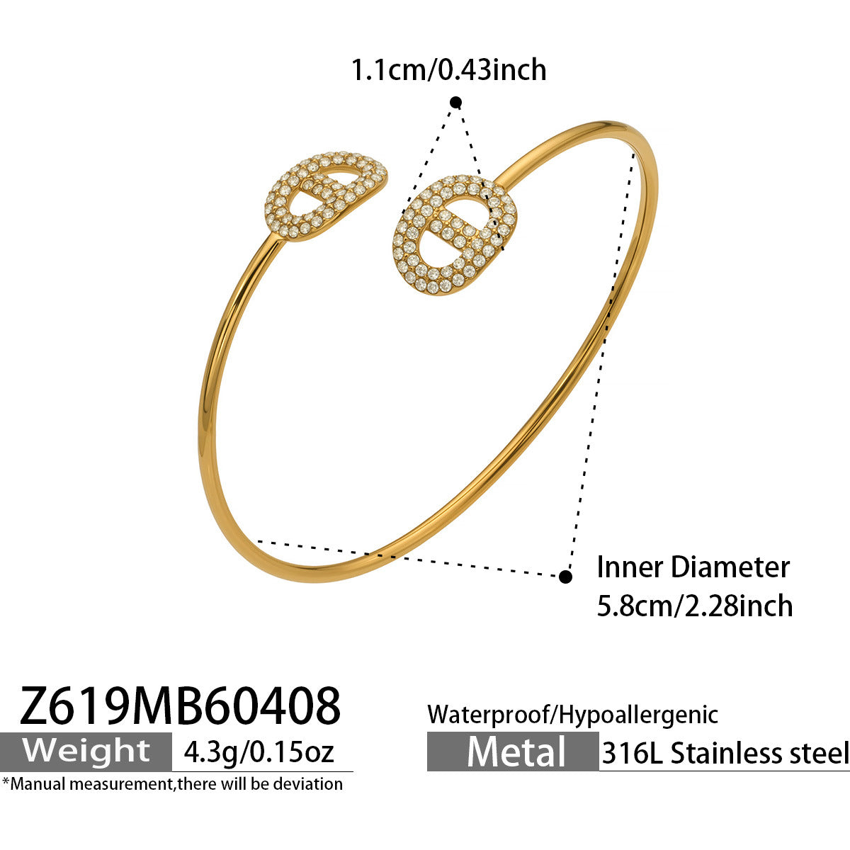 316L Stainless Steel 18K Gold PVD Delicate Crystal Flower Open Cuff Bangle - Crystal Flower, Open Cuff, Delicate, Modern Wholesale Stainless Steel Jewelry - Sensitive Skin Friendly - Detail 1