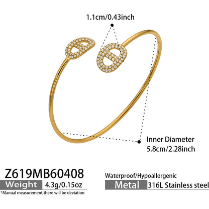 316L Stainless Steel 18K Gold PVD Delicate Crystal Flower Open Cuff Bangle - Crystal Flower, Open Cuff, Delicate, Modern Wholesale Stainless Steel Jewelry - Sensitive Skin Friendly - Detail 1