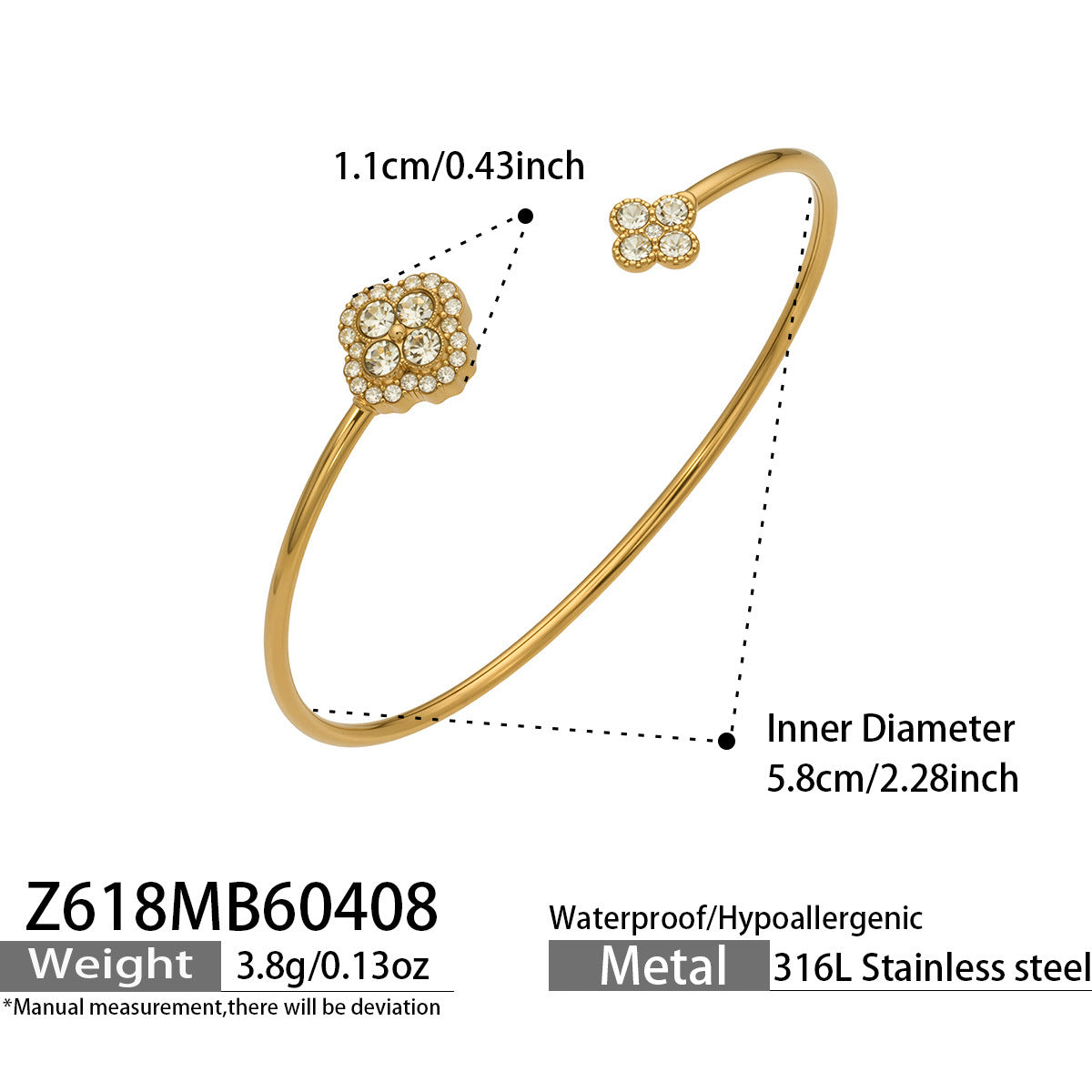 316L Stainless Steel 18K Gold PVD Delicate Crystal Flower Open Cuff Bangle - Crystal Flower, Open Cuff, Delicate, Modern Wholesale Stainless Steel Jewelry - Sensitive Skin Friendly - Detail 11