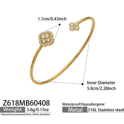 316L Stainless Steel 18K Gold PVD Delicate Crystal Flower Open Cuff Bangle - Crystal Flower, Open Cuff, Delicate, Modern Wholesale Stainless Steel Jewelry - Sensitive Skin Friendly - Detail 11