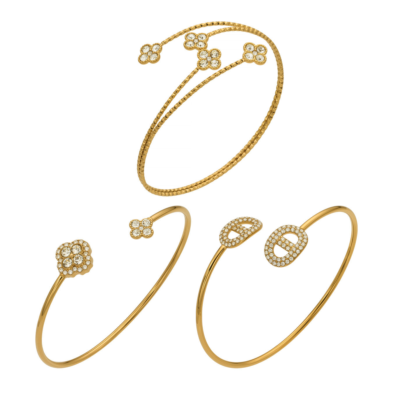 316L Stainless Steel 18K Gold PVD Delicate Crystal Flower Open Cuff Bangle - Crystal Flower, Open Cuff, Delicate, Modern Wholesale Stainless Steel Jewelry - Sensitive Skin Friendly - Detail 13