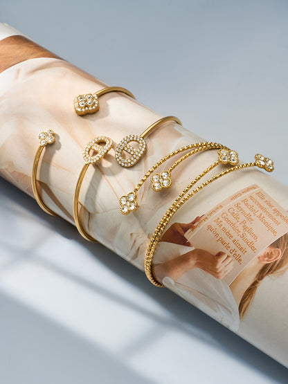 316L Stainless Steel 18K Gold PVD Delicate Crystal Flower Open Cuff Bangle - Crystal Flower, Open Cuff, Delicate, Modern Wholesale Stainless Steel Jewelry - Sensitive Skin Friendly - Detail 15