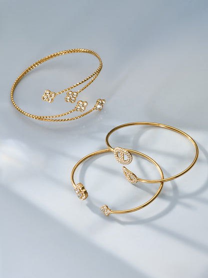 316L Stainless Steel 18K Gold PVD Delicate Crystal Flower Open Cuff Bangle - Crystal Flower, Open Cuff, Delicate, Modern Wholesale Stainless Steel Jewelry - Sensitive Skin Friendly - Detail 17