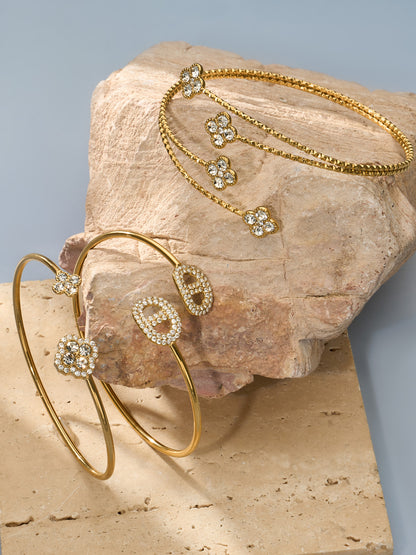316L Stainless Steel 18K Gold PVD Delicate Crystal Flower Open Cuff Bangle - Crystal Flower, Open Cuff, Delicate, Modern Wholesale Stainless Steel Jewelry - Sensitive Skin Friendly - Detail 5