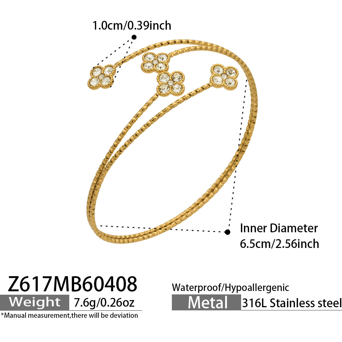 316L Stainless Steel 18K Gold PVD Delicate Crystal Flower Open Cuff Bangle - Crystal Flower, Open Cuff, Delicate, Modern Wholesale Stainless Steel Jewelry - Sensitive Skin Friendly - Detail 8