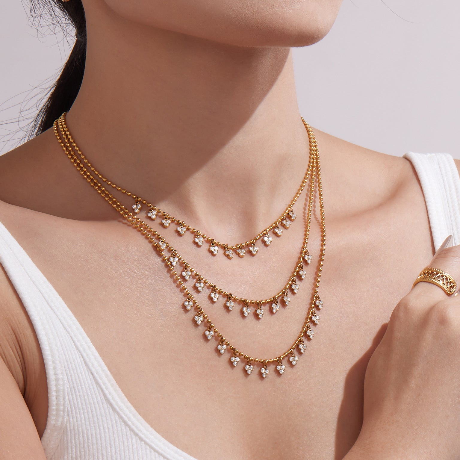 316L Stainless Steel 18K Gold PVD Delicate Triangle Tassel Micro Diamond Jewelry Set - Delicate, Triangle, Tassel, Micro Diamond, Minimalist Wholesale Stainless Steel Jewelry - Sensitive Skin Friendly - Detail 14