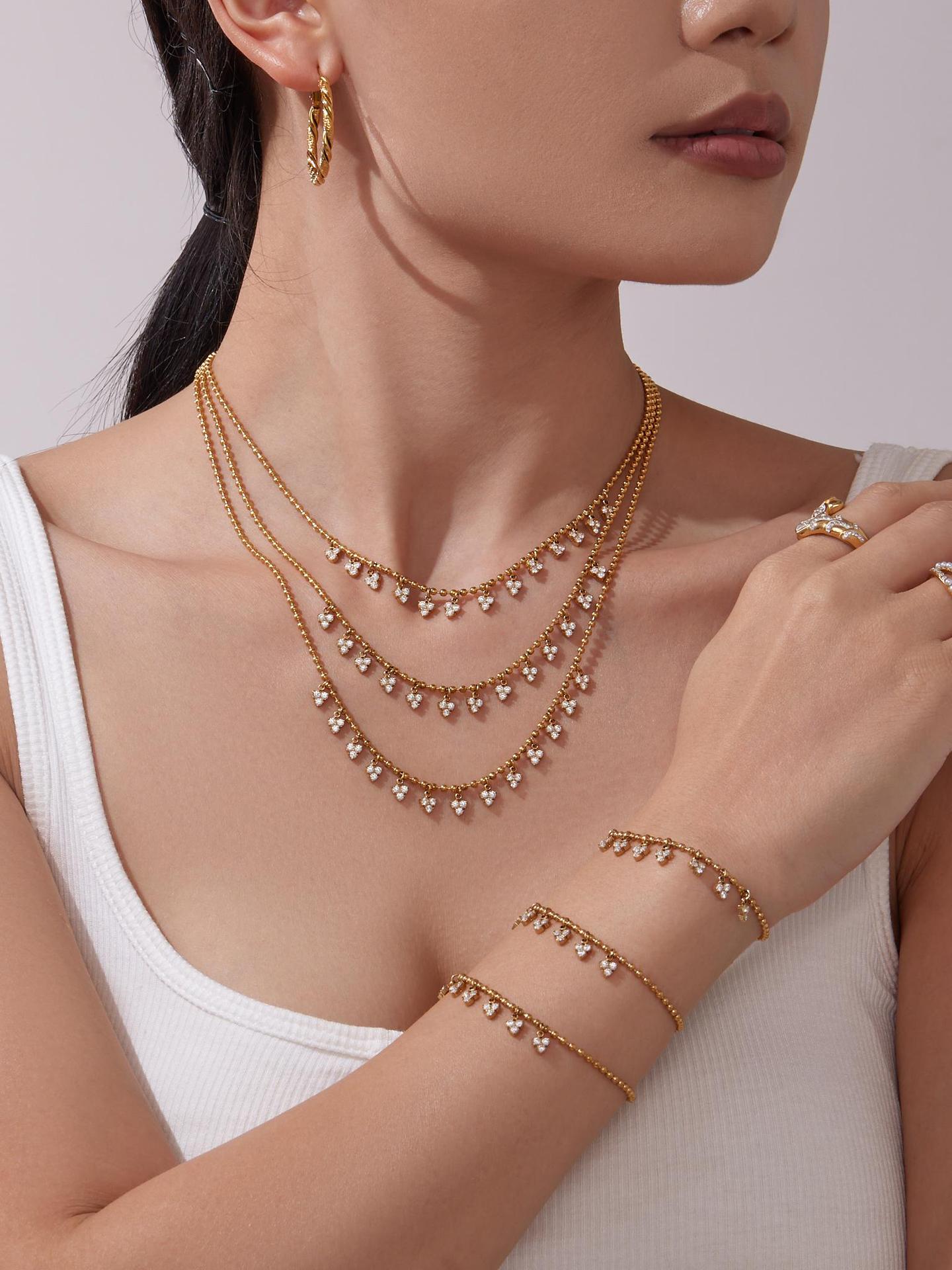 316L Stainless Steel 18K Gold PVD Delicate Triangle Tassel Micro Diamond Jewelry Set - Delicate, Triangle, Tassel, Micro Diamond, Minimalist Wholesale Stainless Steel Jewelry - Sensitive Skin Friendly - Detail 18
