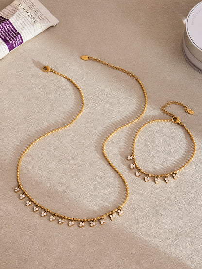 316L Stainless Steel 18K Gold PVD Delicate Triangle Tassel Micro Diamond Jewelry Set - Delicate, Triangle, Tassel, Micro Diamond, Minimalist Wholesale Stainless Steel Jewelry - Sensitive Skin Friendly - Detail 3