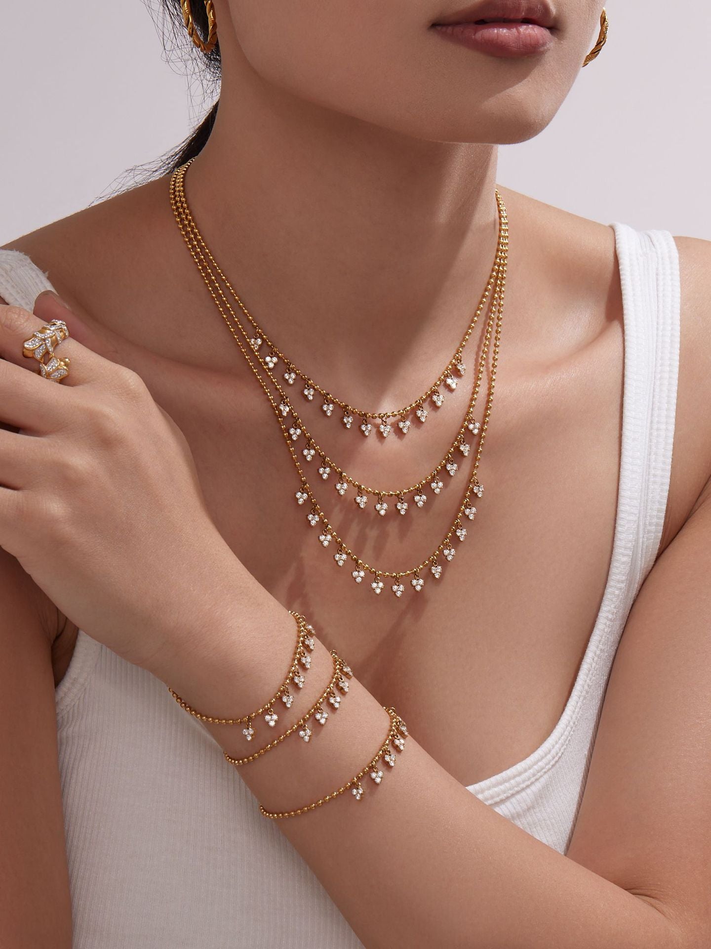 316L Stainless Steel 18K Gold PVD Delicate Triangle Tassel Micro Diamond Jewelry Set - Delicate, Triangle, Tassel, Micro Diamond, Minimalist Wholesale Stainless Steel Jewelry - Sensitive Skin Friendly - Detail 9