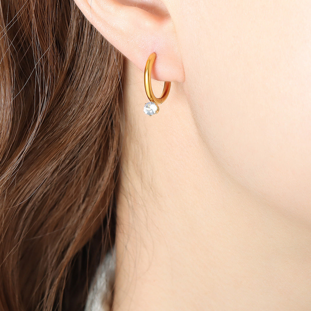 316L Stainless Steel 18K Gold PVD Delicate Zircon Inlaid Hoop Earrings - Minimalist Zircon Hoop Earrings Wholesale Stainless Steel Jewelry - Sensitive Skin Friendly - Detail 1