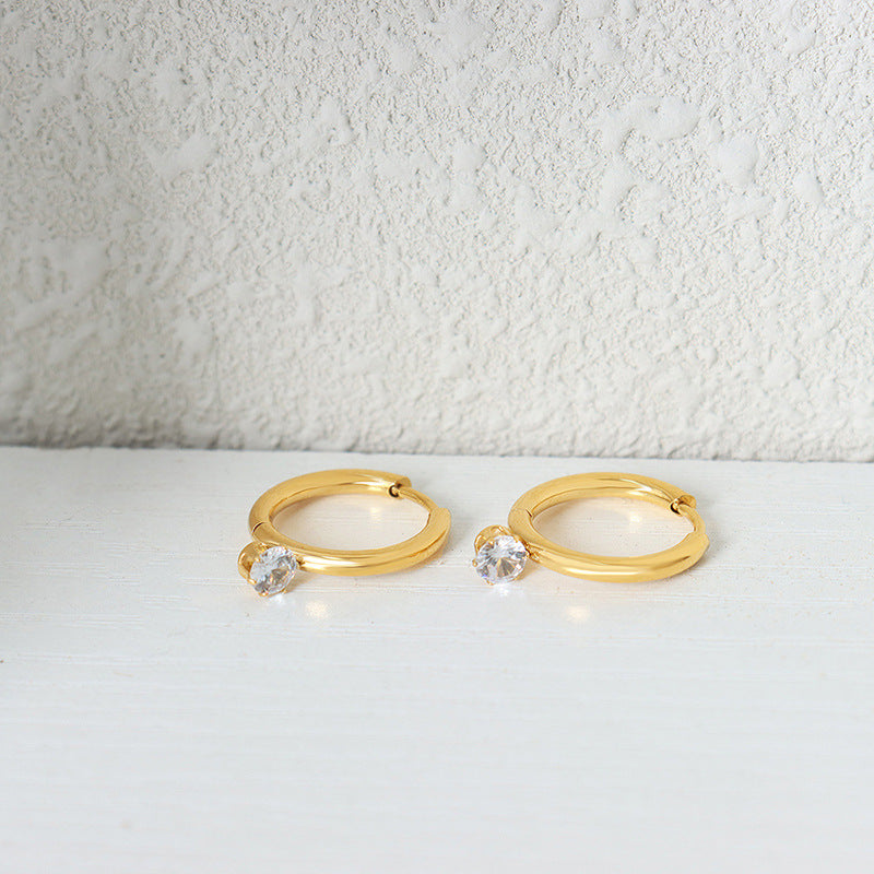 316L Stainless Steel 18K Gold PVD Delicate Zircon Inlaid Hoop Earrings - Minimalist Zircon Hoop Earrings Wholesale Stainless Steel Jewelry - Sensitive Skin Friendly - Detail 2