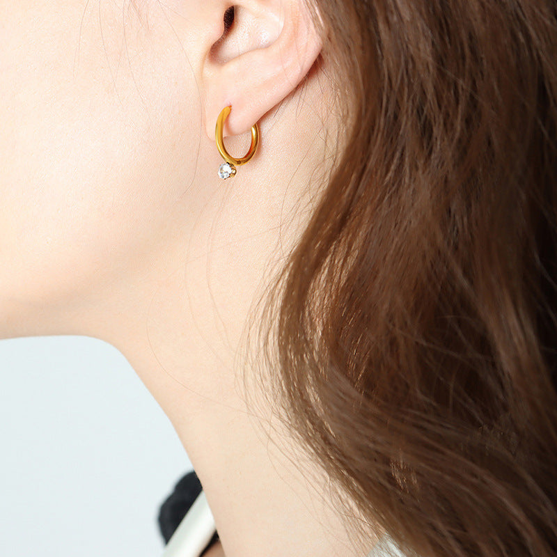 316L Stainless Steel 18K Gold PVD Delicate Zircon Inlaid Hoop Earrings - Minimalist Zircon Hoop Earrings Wholesale Stainless Steel Jewelry - Sensitive Skin Friendly - Detail 4