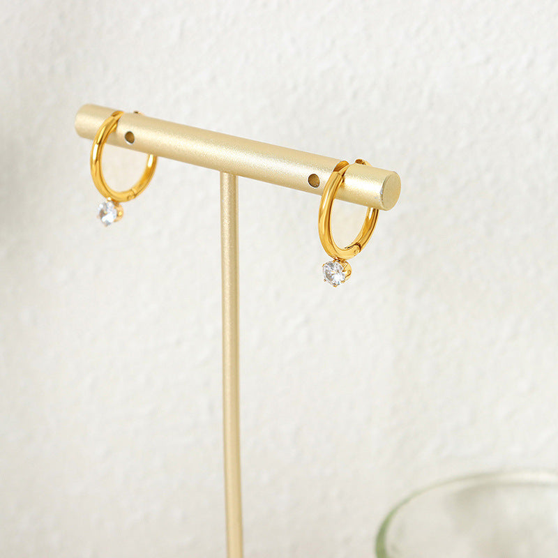 316L Stainless Steel 18K Gold PVD Delicate Zircon Inlaid Hoop Earrings - Minimalist Zircon Hoop Earrings Wholesale Stainless Steel Jewelry - Sensitive Skin Friendly - Detail 7