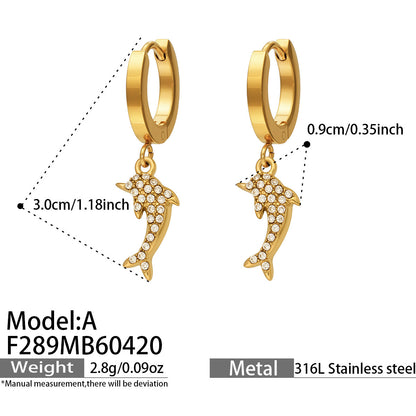 316L Stainless Steel 18K Gold PVD Dolphin Zircon Pave Earrings - Dolphin, Zircon Pave, Elegant, Coastal Wholesale Stainless Steel Jewelry - Sensitive Skin Friendly - Detail 1