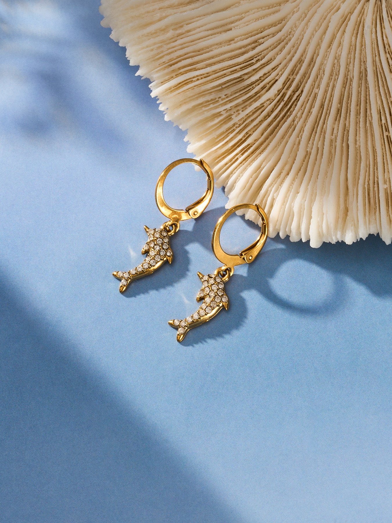 316L Stainless Steel 18K Gold PVD Dolphin Zircon Pave Earrings - Dolphin, Zircon Pave, Elegant, Coastal Wholesale Stainless Steel Jewelry - Sensitive Skin Friendly - Detail 10