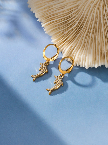 316L Stainless Steel 18K Gold PVD Dolphin Zircon Pave Earrings - Dolphin, Zircon Pave, Elegant, Coastal Wholesale Stainless Steel Jewelry - Sensitive Skin Friendly - Detail 10