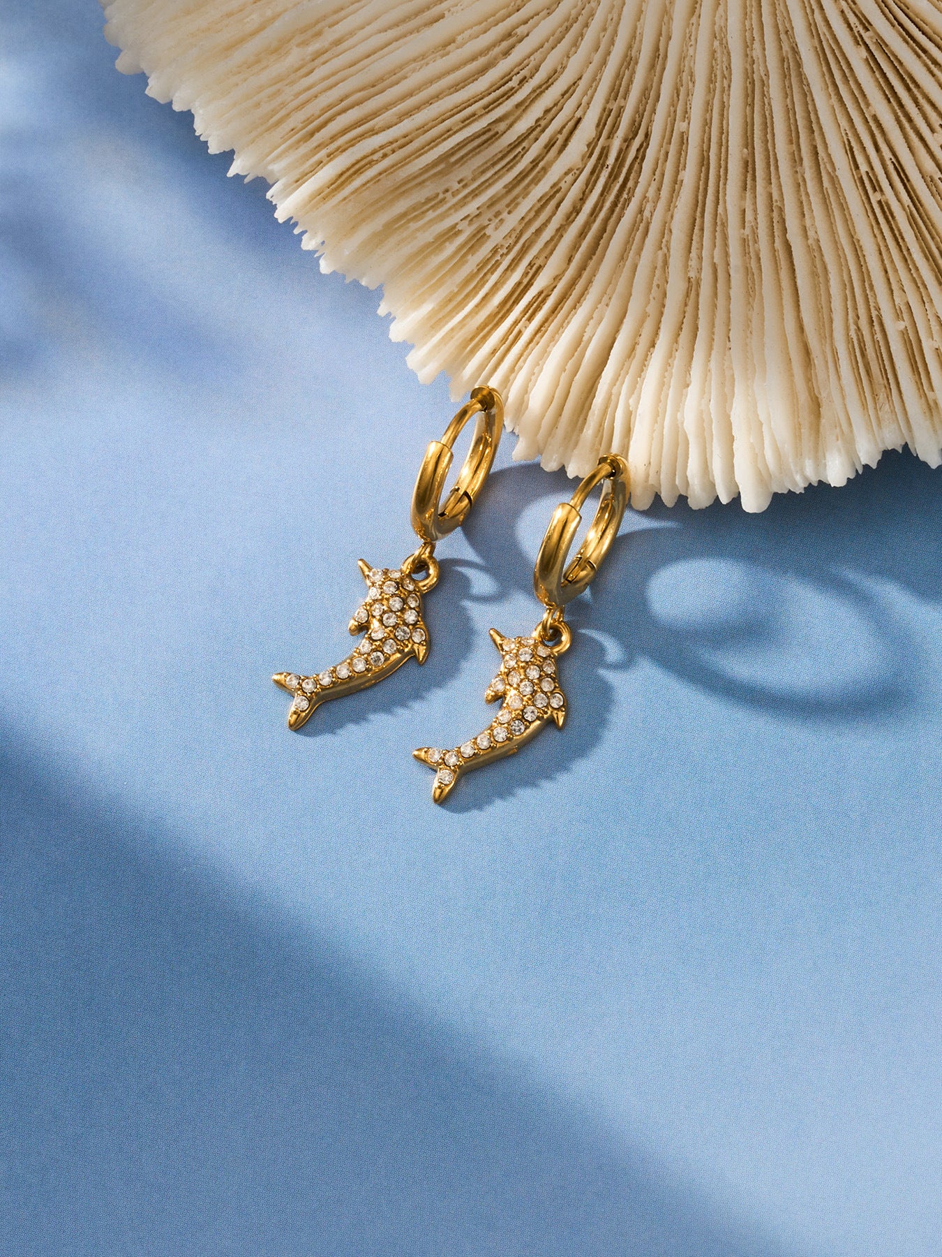 316L Stainless Steel 18K Gold PVD Dolphin Zircon Pave Earrings - Dolphin, Zircon Pave, Elegant, Coastal Wholesale Stainless Steel Jewelry - Sensitive Skin Friendly - Detail 11