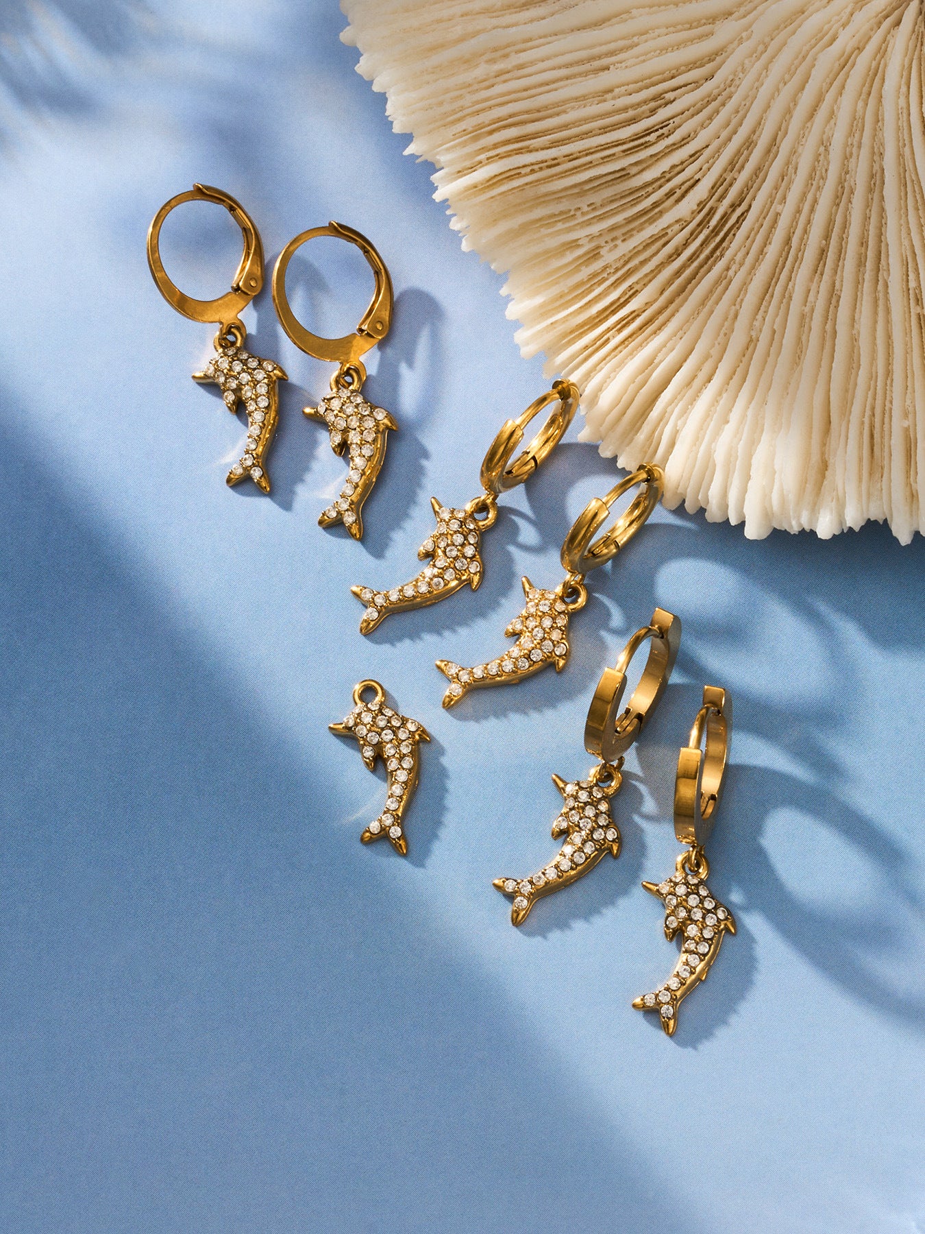 316L Stainless Steel 18K Gold PVD Dolphin Zircon Pave Earrings - Dolphin, Zircon Pave, Elegant, Coastal Wholesale Stainless Steel Jewelry - Sensitive Skin Friendly - Detail 12